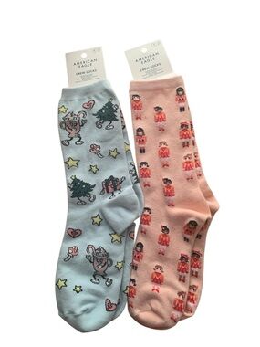 American Eagle Outfitters Crew Socks in Light Blue & Peach with Holiday Motifs